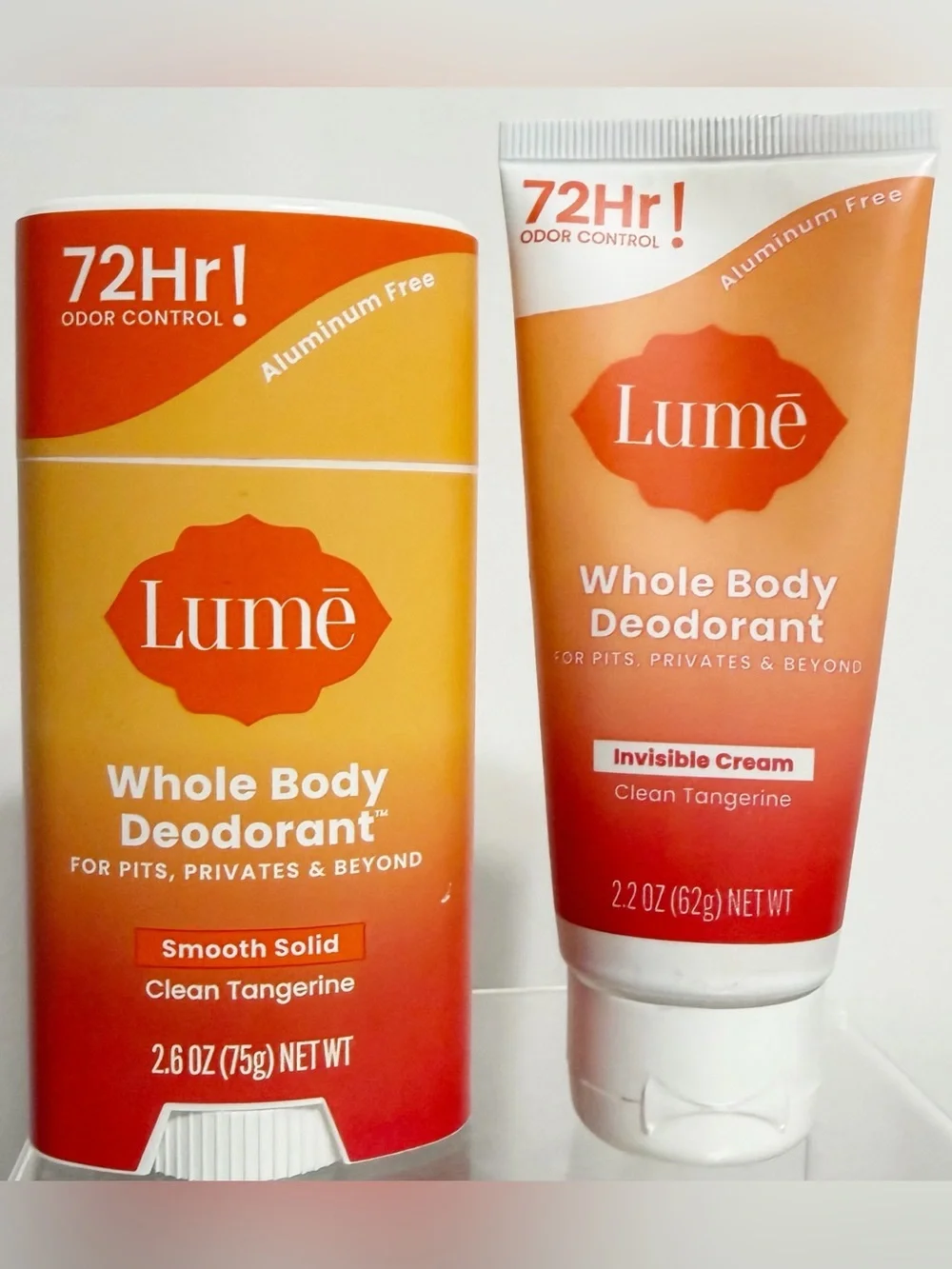 2 x LUME Whole Body Deodorant CLEAN TANGERINE Cream & Solid 72hr Odor Control